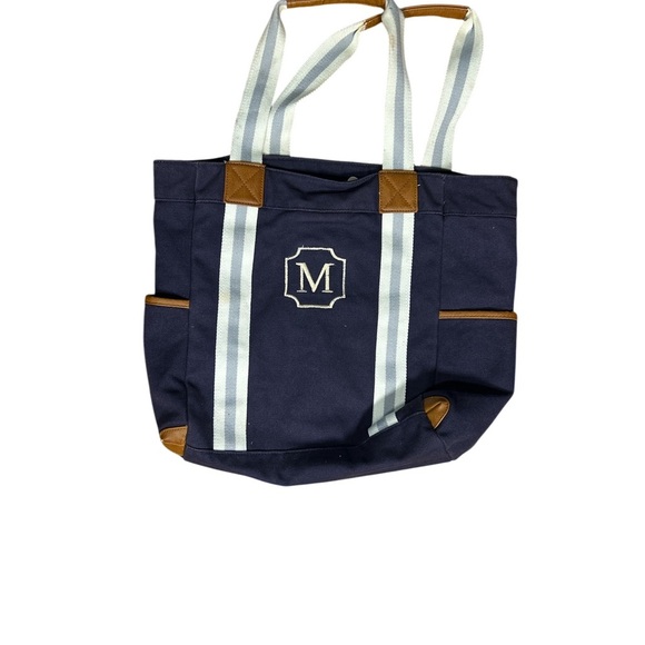 Pottery Barn Kids Navy Tote with Brown and White Stripes M monogram - Picture 1 of 4